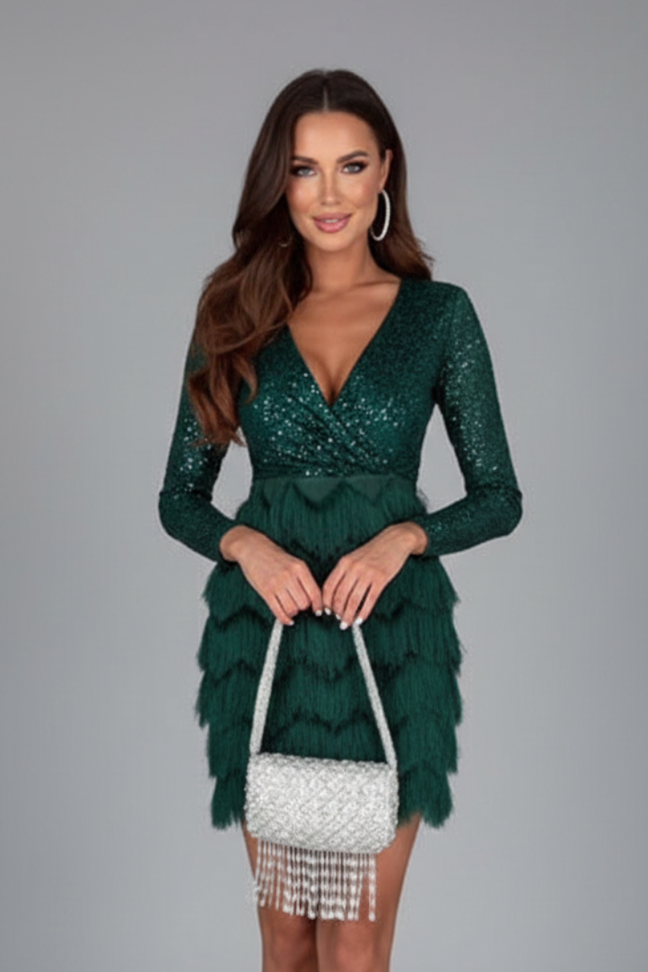 Women’s Mini Dress with V-Neck and Long Sleeves