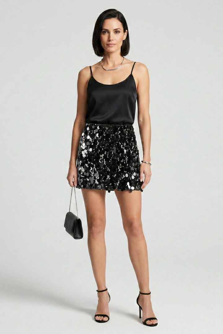 Women’s Mini Skirt with Fitted Waist and Sequin Surface