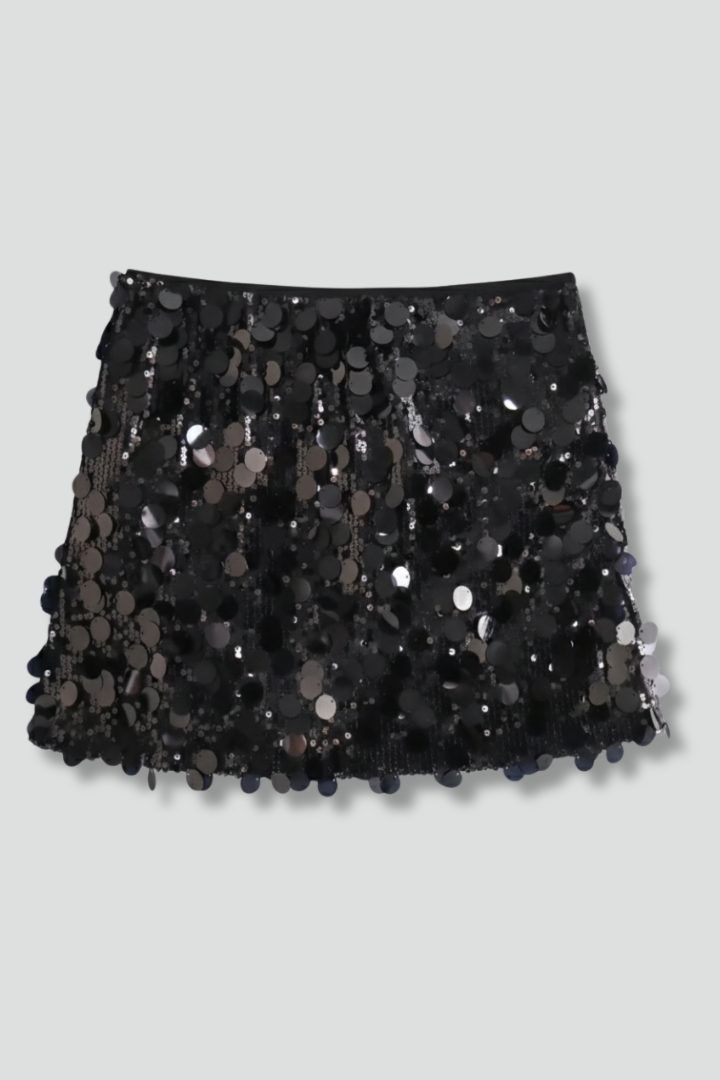 Women’s Mini Skirt with Sequinned Surface and Straight Hem