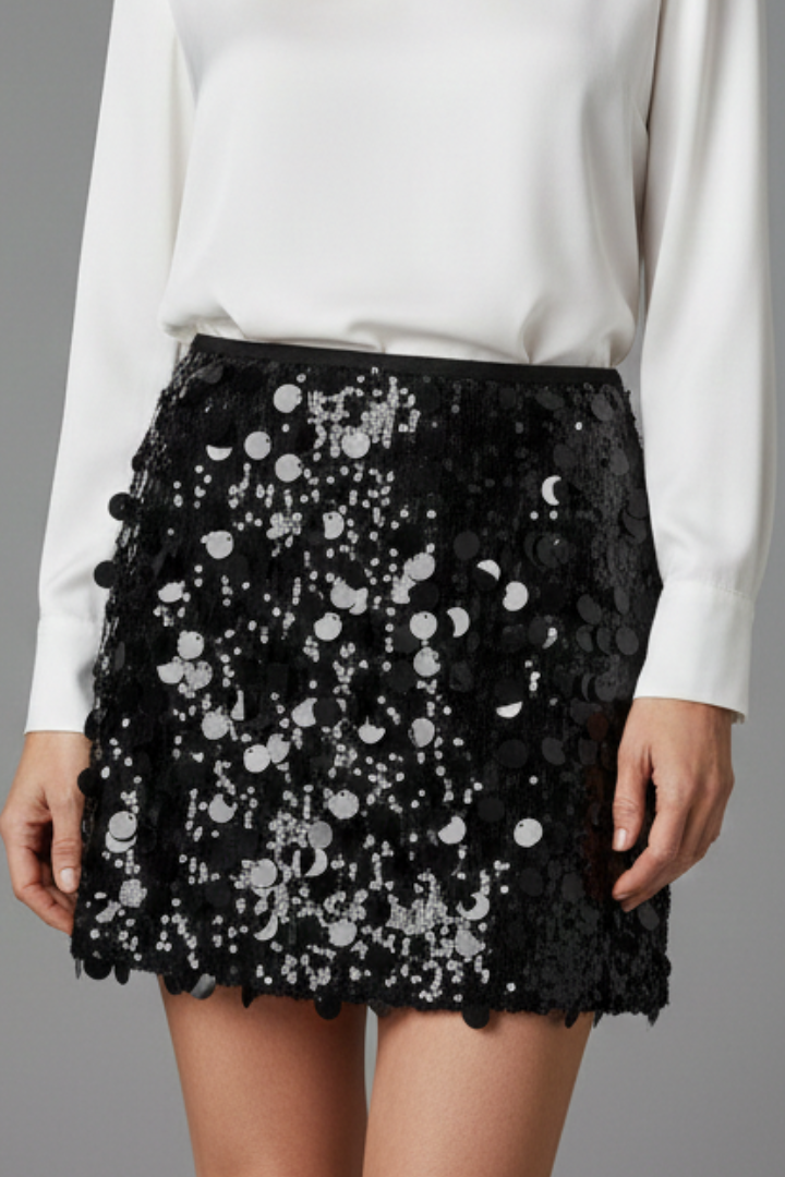 Women’s Mini Skirt with Sequinned Surface and Straight Hem