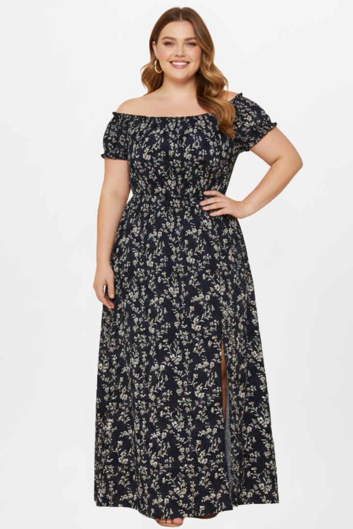 Women’s Plus Size Maxi Dress with Off-Shoulder Neckline and Side Slits
