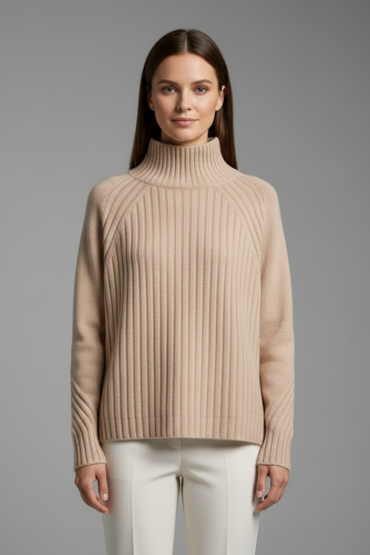 Women’s Polo Neck Jumper with Ribbed Cuffs and Straight Hem