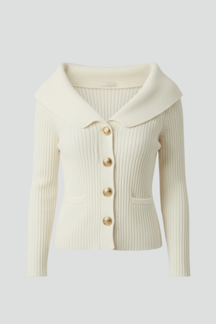 Women’s Ribbed Cardigan with Foldover Neckline and Button-Front Design