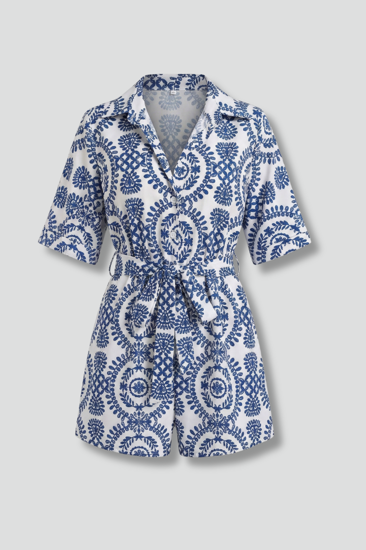 Women’s Romper Dress with V-Neck and Tie Waist