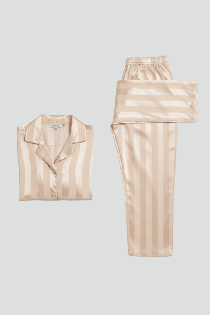Women’s Satin Pajama Set with Button-Down Shirt and Straight-Leg Pants