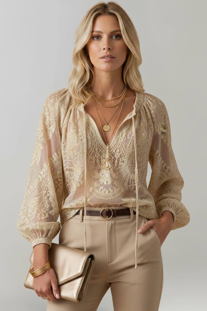 Women’s Sheer Blouse with Crochet Detail and Tie Neckline
