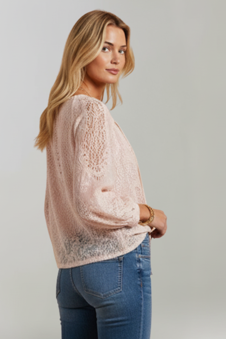 Women’s Sheer Blouse with Crochet Detail and Tie Neckline