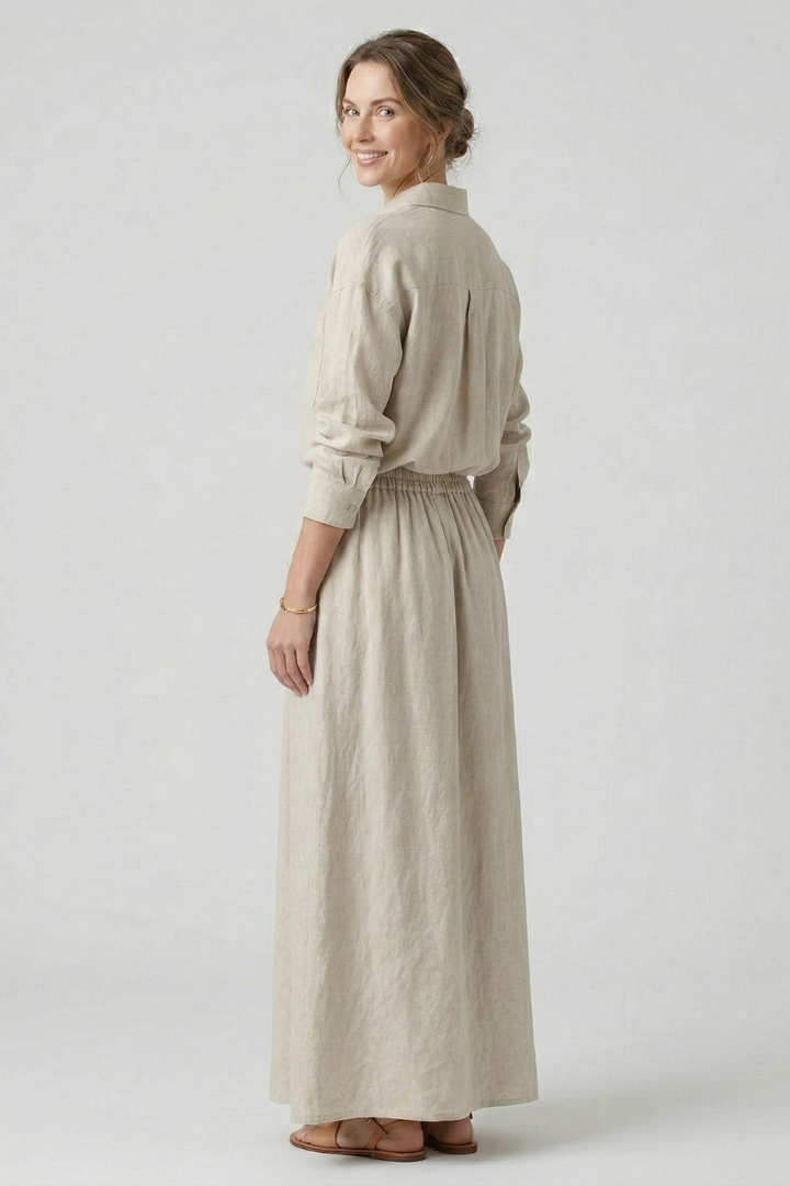 Women’s Shirt and Skirt Set with Button Fastening and Elastic Waist