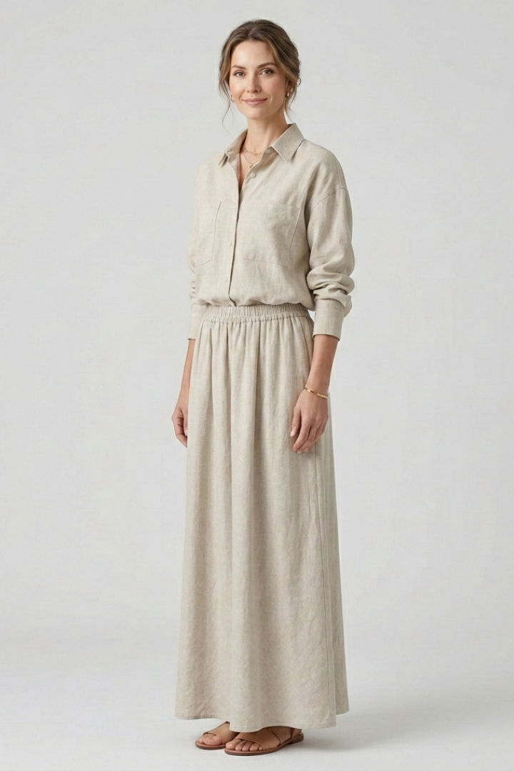 Women’s Shirt and Skirt Set with Button Fastening and Elastic Waist