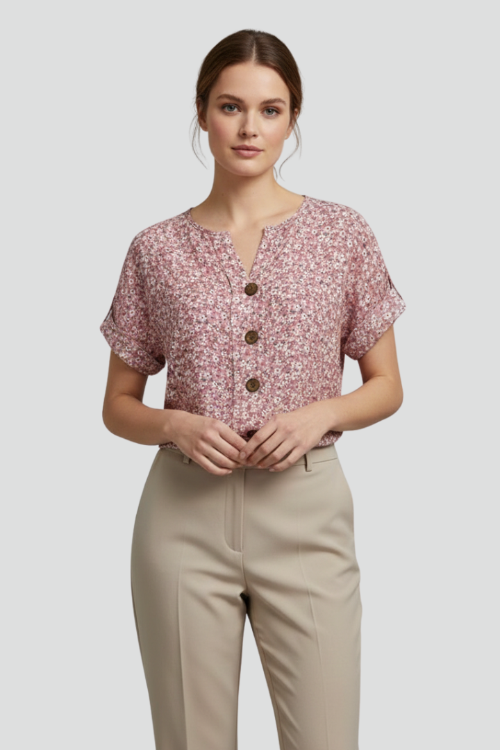 Women’s Short-Sleeved Blouse with Buttons and Printed Surface
