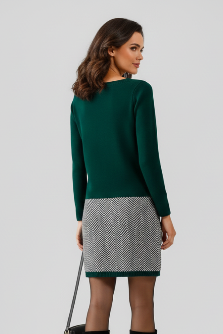 Women’s Short Dress with Round Neckline and Patterned Hem