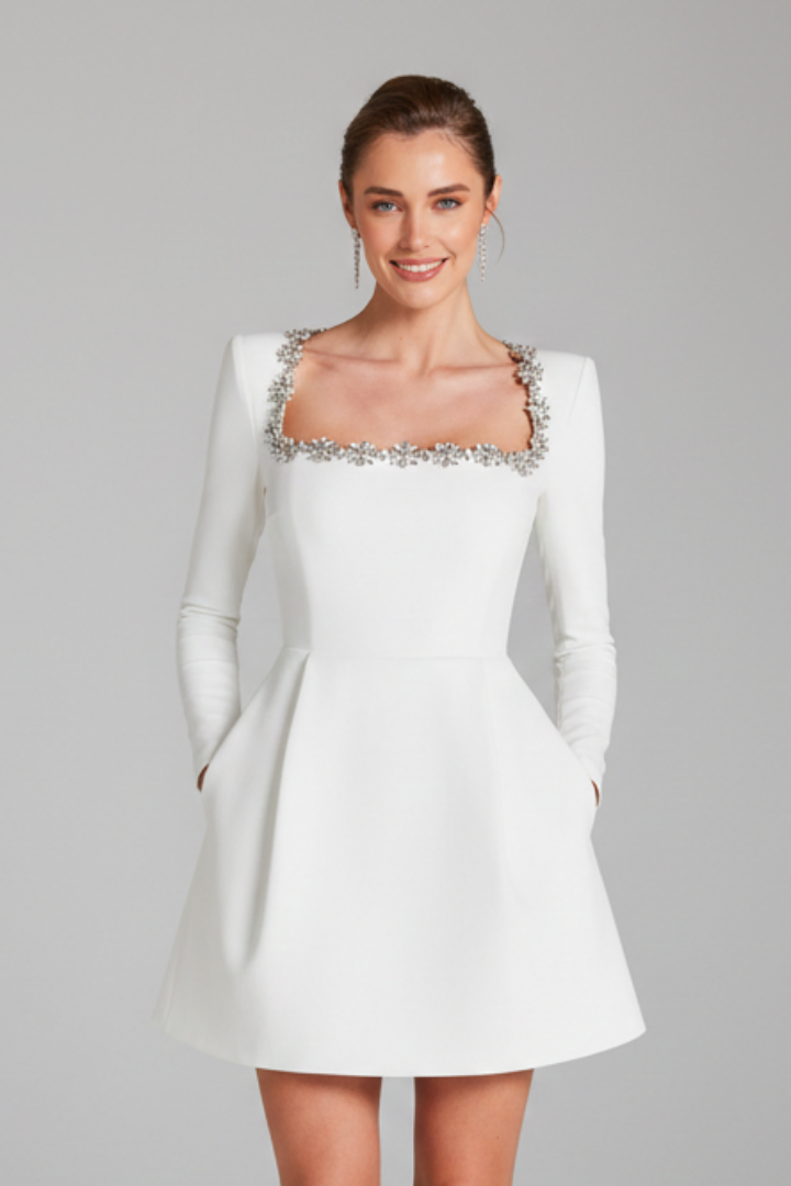 Women’s Short Dress with Square Neckline and Long Sleeves