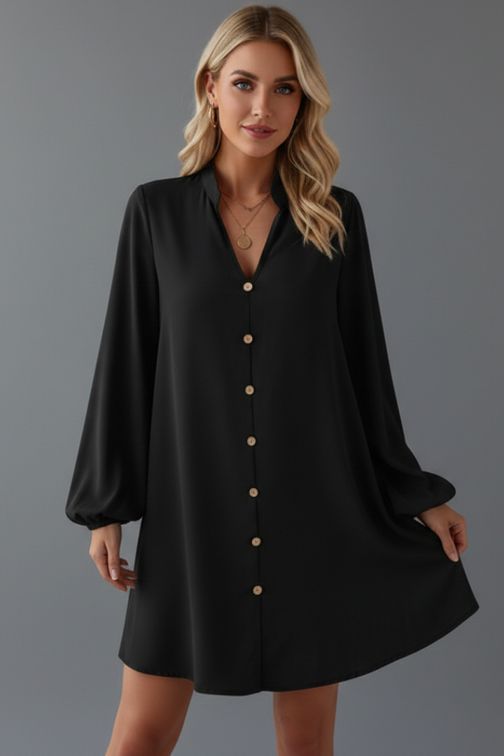 Women’s Short Dress with V Neckline and Button Placket