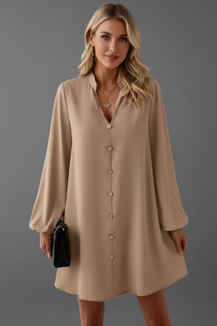 Women’s Short Dress with V Neckline and Button Placket