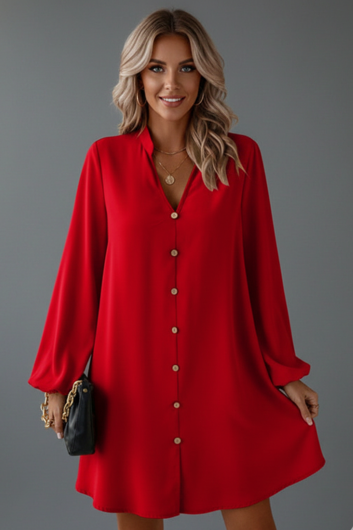 Women’s Short Dress with V Neckline and Button Placket