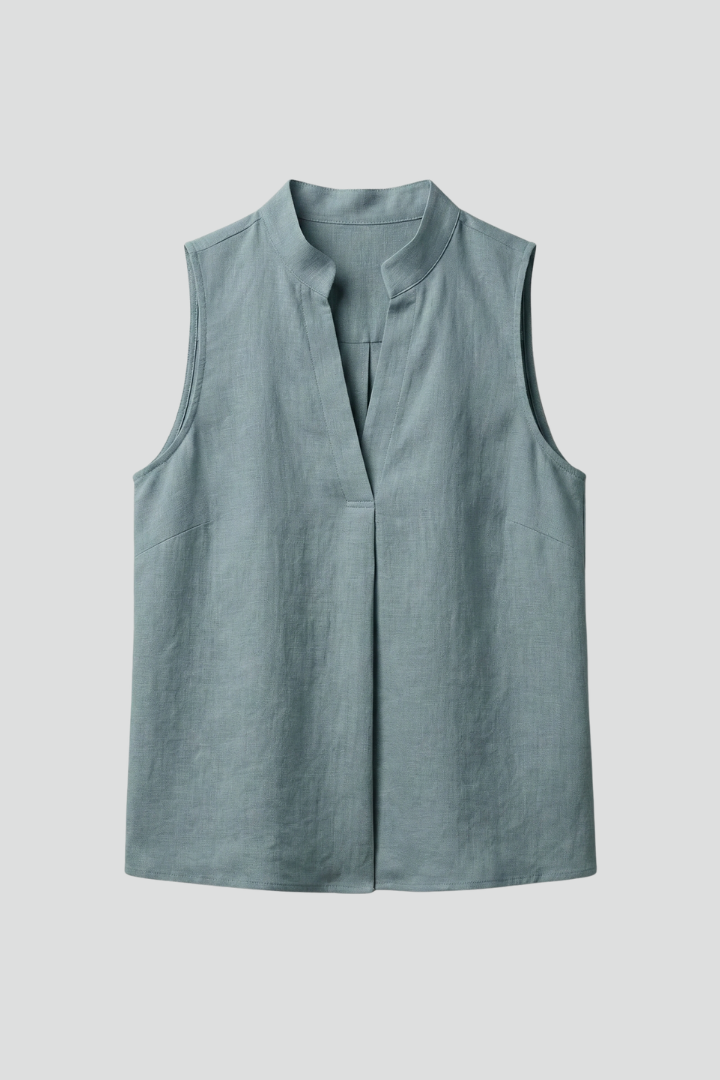 Women’s Sleeveless Blouse with High Neck and Button Placket