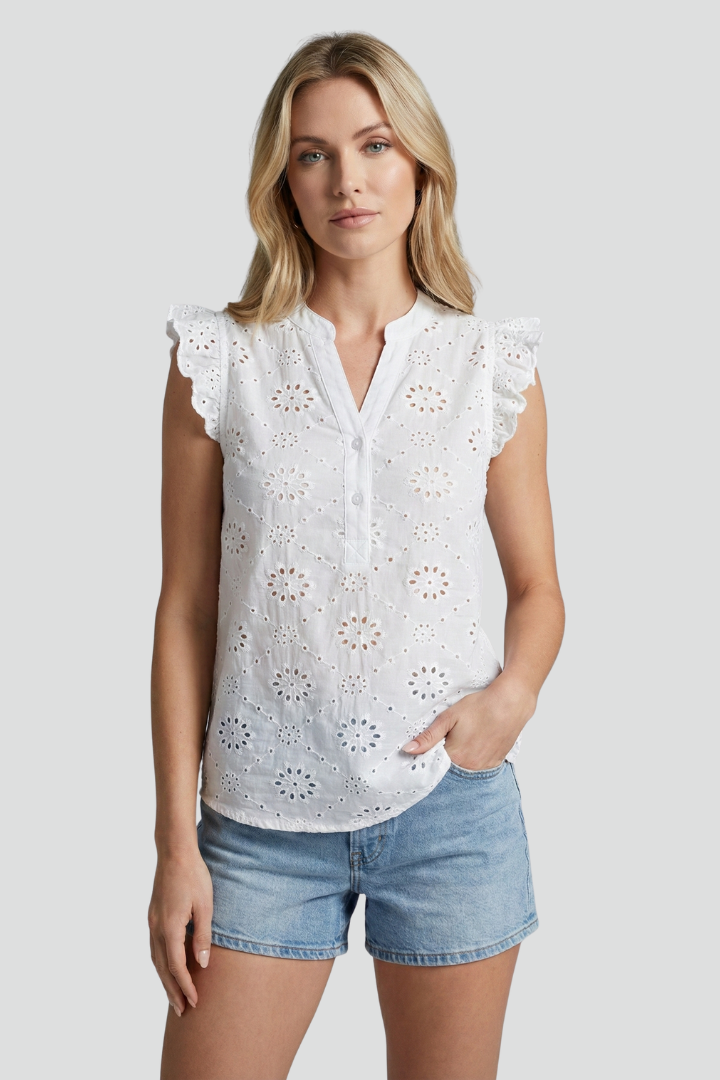 Women’s Sleeveless Blouse with Ruffle Shoulders and Button Front