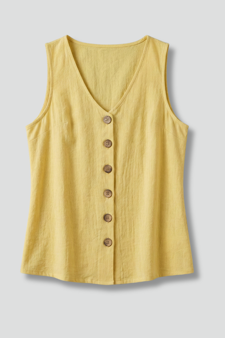 Women’s Sleeveless Blouse with V-Neck and Button Front