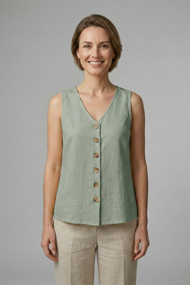 Women’s Sleeveless Blouse with V-Neck and Button Front