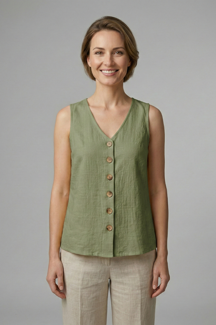 Women’s Sleeveless Blouse with V-Neck and Button Front