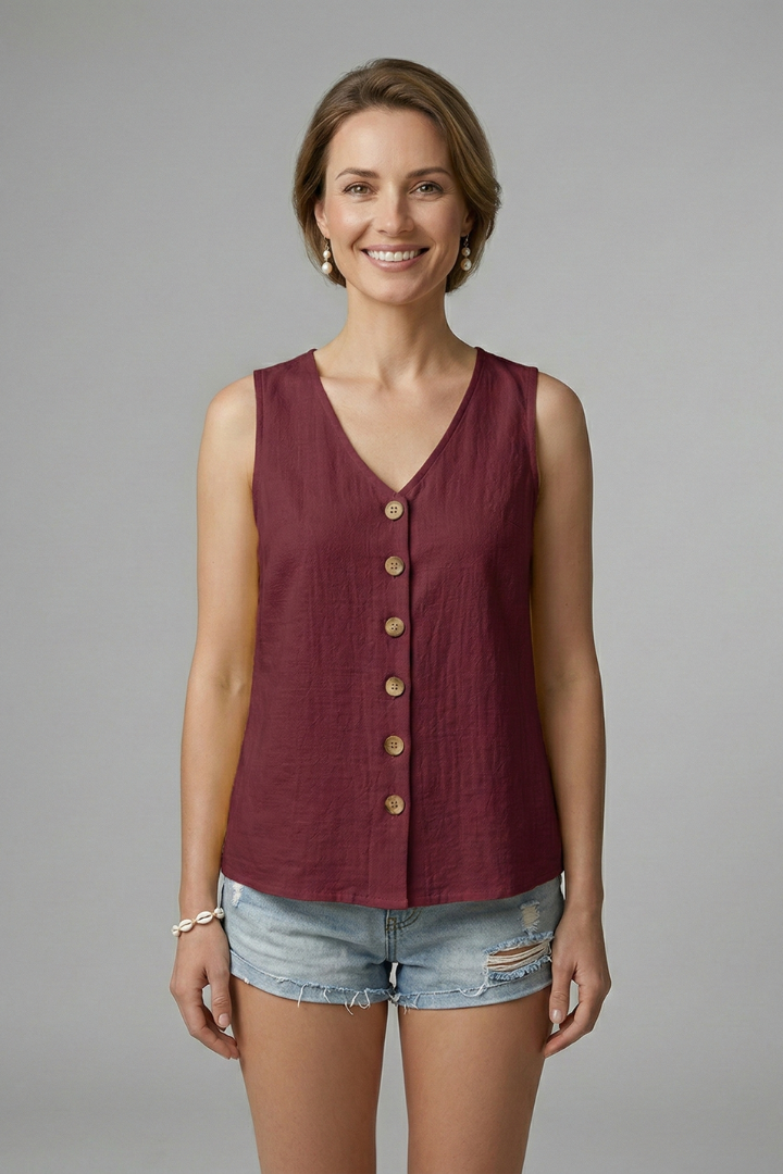Women’s Sleeveless Blouse with V-Neck and Button Front