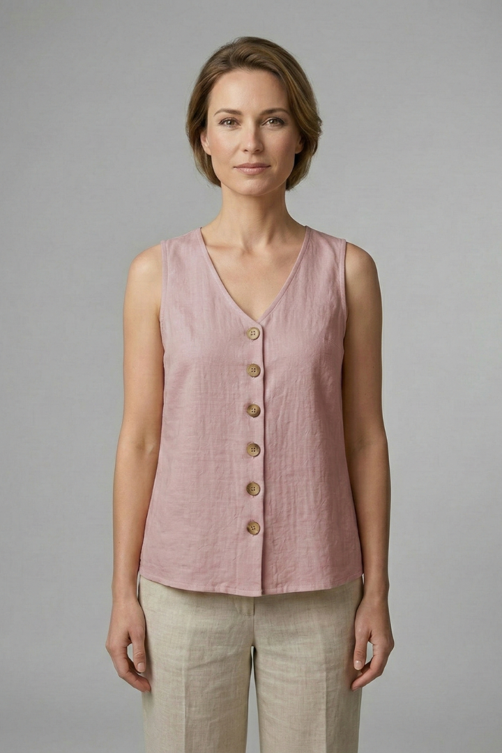 Women’s Sleeveless Blouse with V-Neck and Button Front
