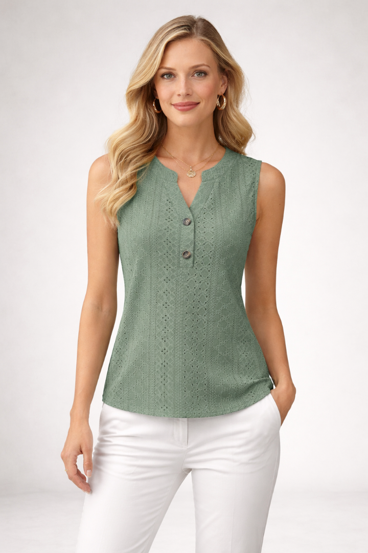 Women’s Sleeveless Blouse with V-Neck and Eyelet Pattern