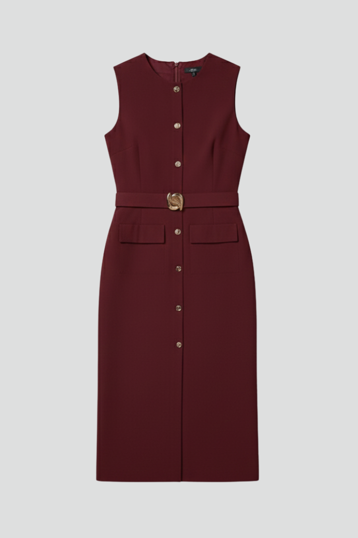Women’s Sleeveless Midi Dress with Buttons and Belted Waist