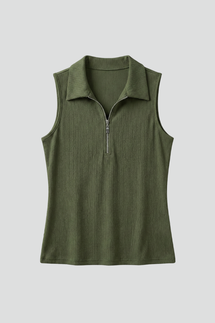 Women’s Sleeveless Polo Top with Zip and Ribbed Surface