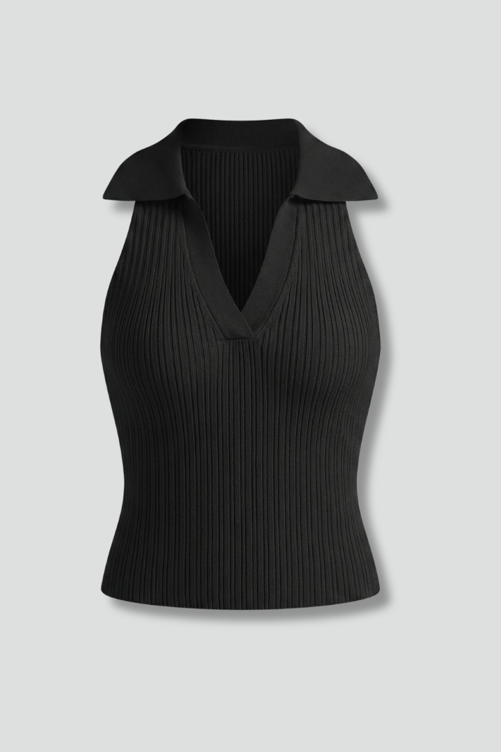 Women’s Sleeveless Top with Collar and Ribbed Surface