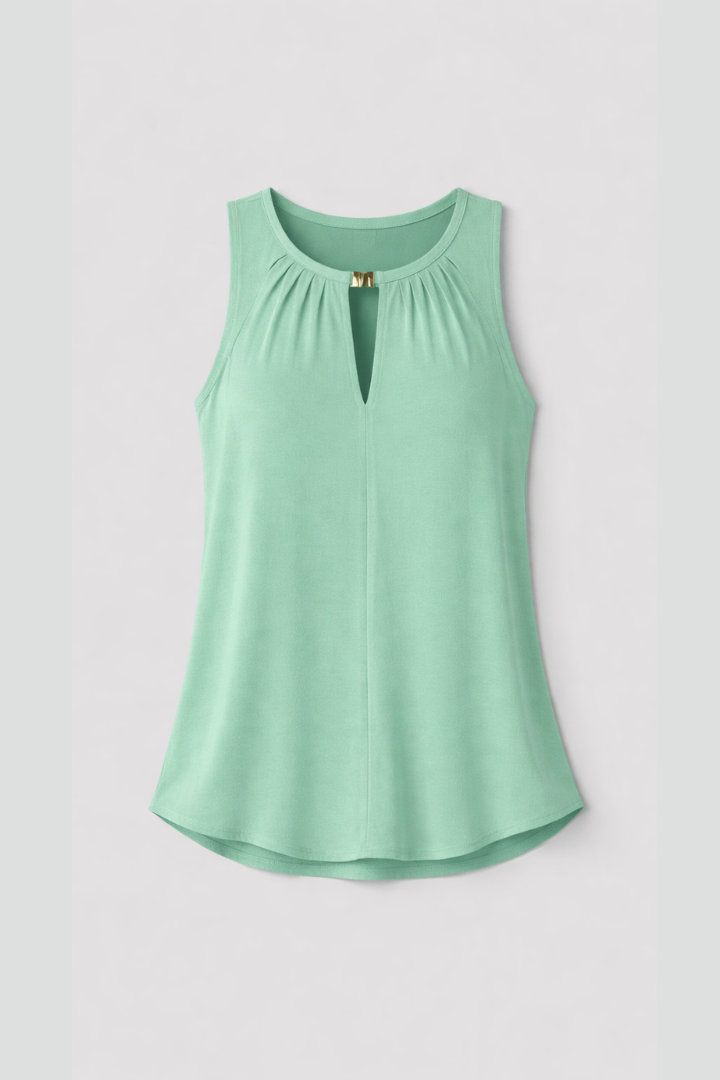 Women’s Sleeveless Top with Keyhole Neck and Pleated Front