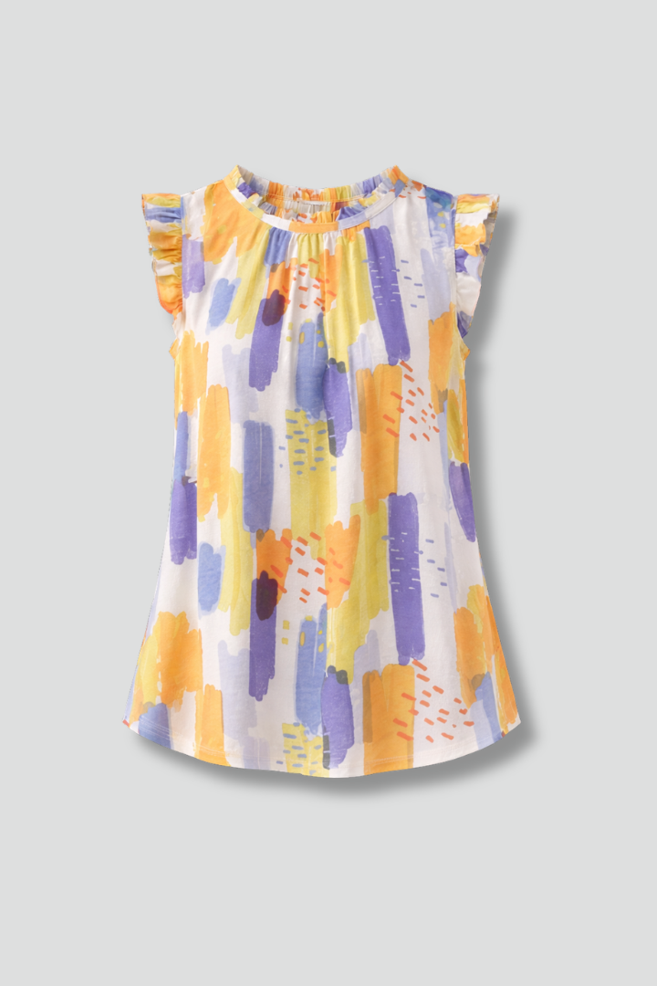 Women’s Sleeveless Top with Ruffle Collar and Abstract Print