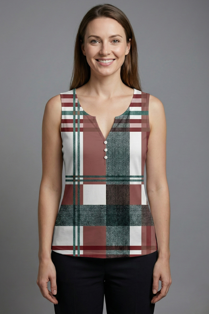 Women’s Sleeveless Top with V-Neck and Check Print