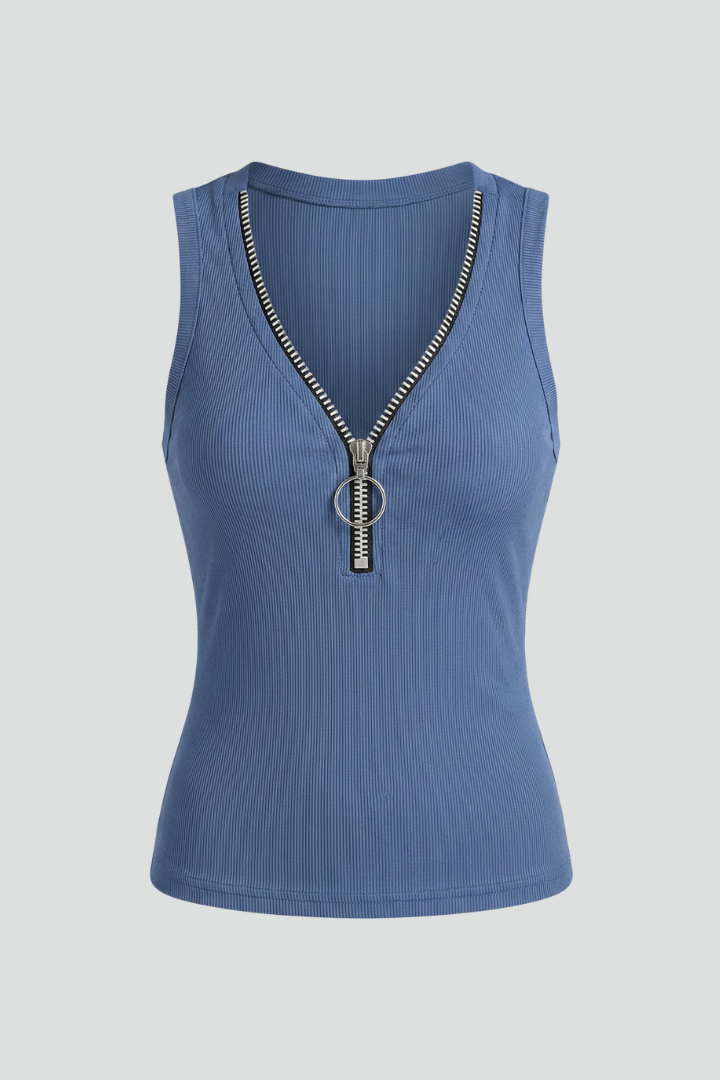 Women’s Sleeveless Top with V-Neck and Front Zip