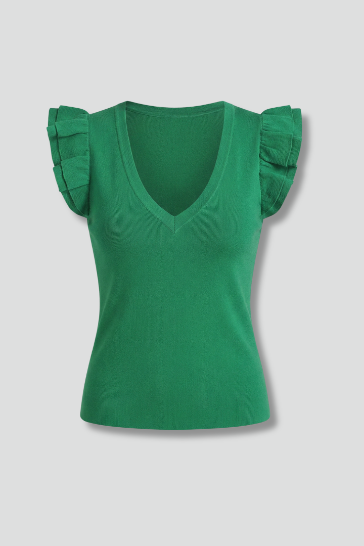 Women’s Sleeveless Top with V-Neck and Ruffle Shoulders