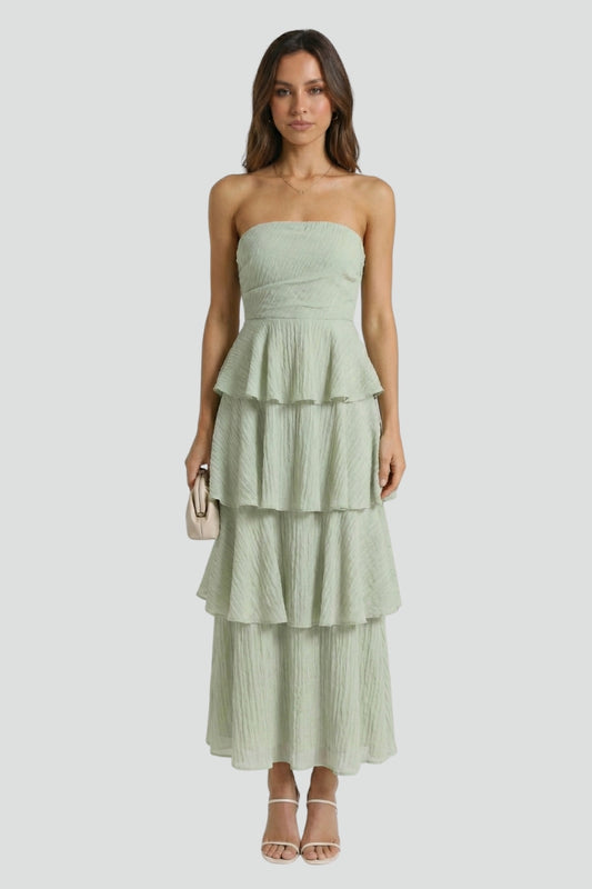 Women’s Strapless Maxi Dress with Layered Ruffles and Long Hem