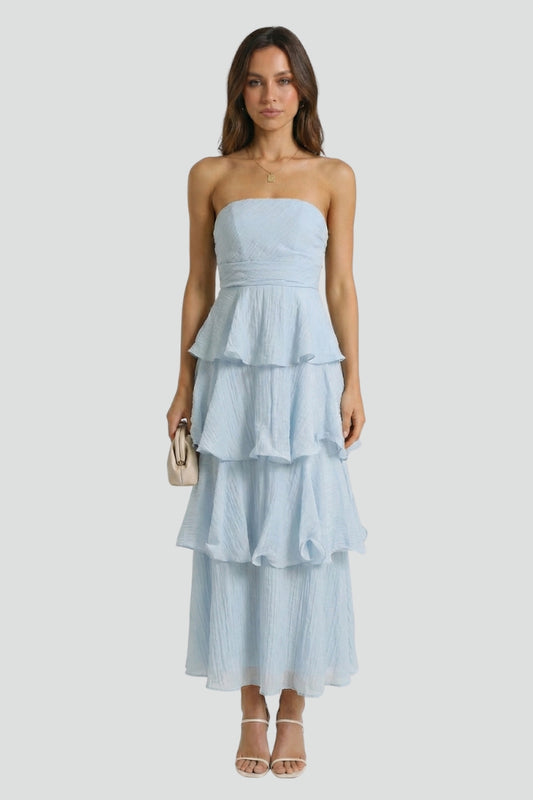 Women’s Strapless Maxi Dress with Layered Ruffles and Long Hem