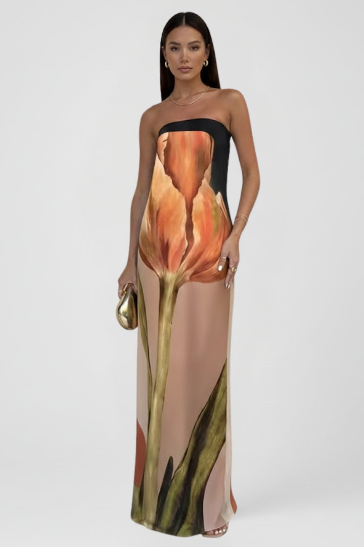 Women’s Strapless Maxi Dress with Printed Pattern