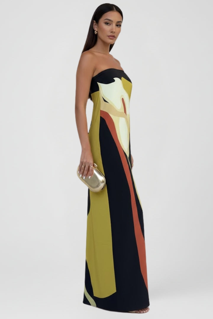 Women’s Strapless Maxi Dress with Printed Pattern