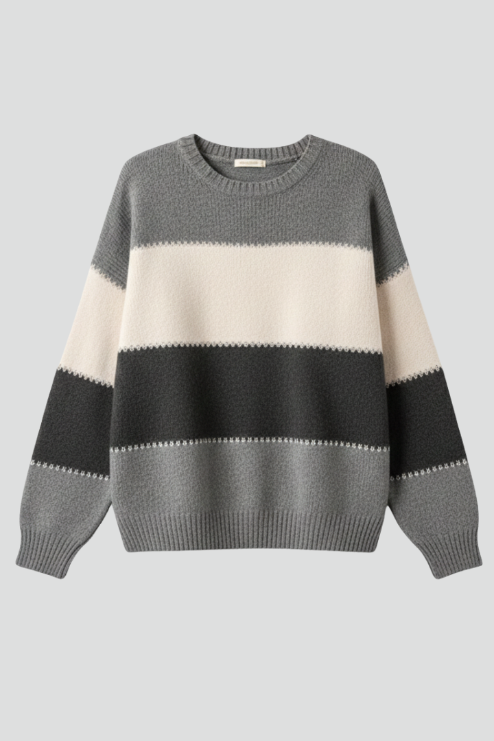 Women's Striped Knit Sweater with Round Neck and Ribbed Trim