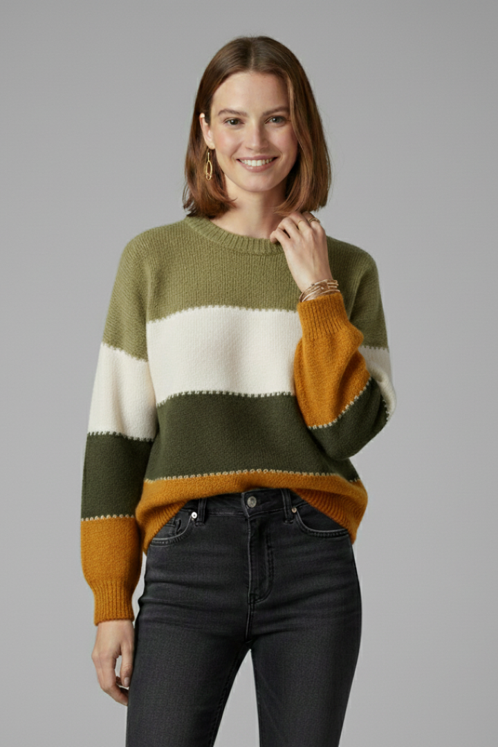 Women's Striped Knit Sweater with Round Neck and Ribbed Trim