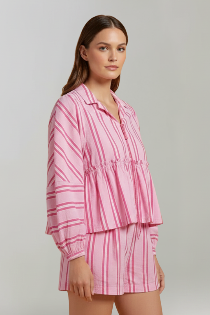 Women’s Striped Long-Sleeve Top and High-Waisted Shorts Set