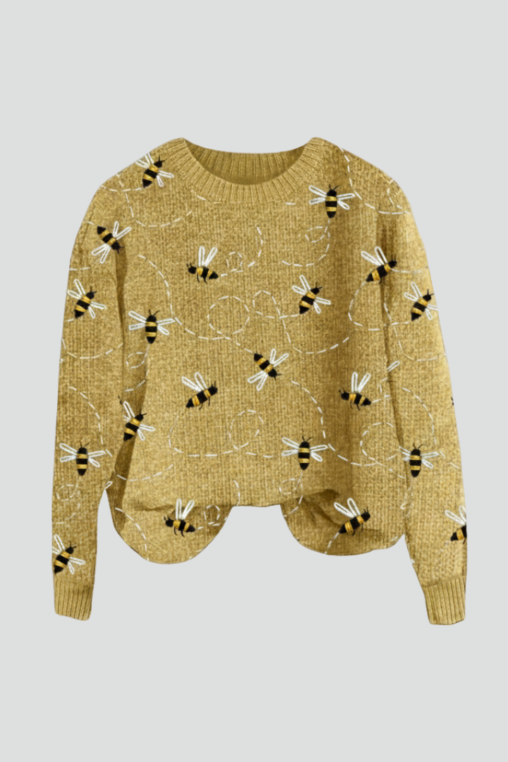 Women’s Sweater with Bee Pattern and Long Sleeves