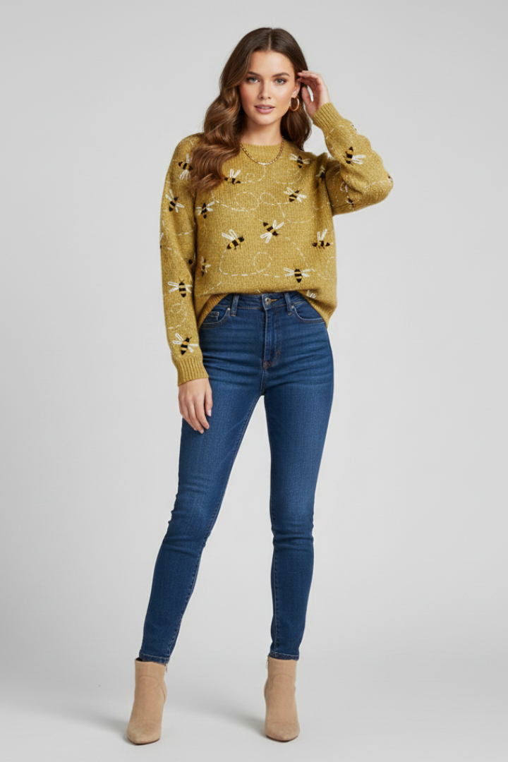 Women’s Sweater with Bee Pattern and Long Sleeves