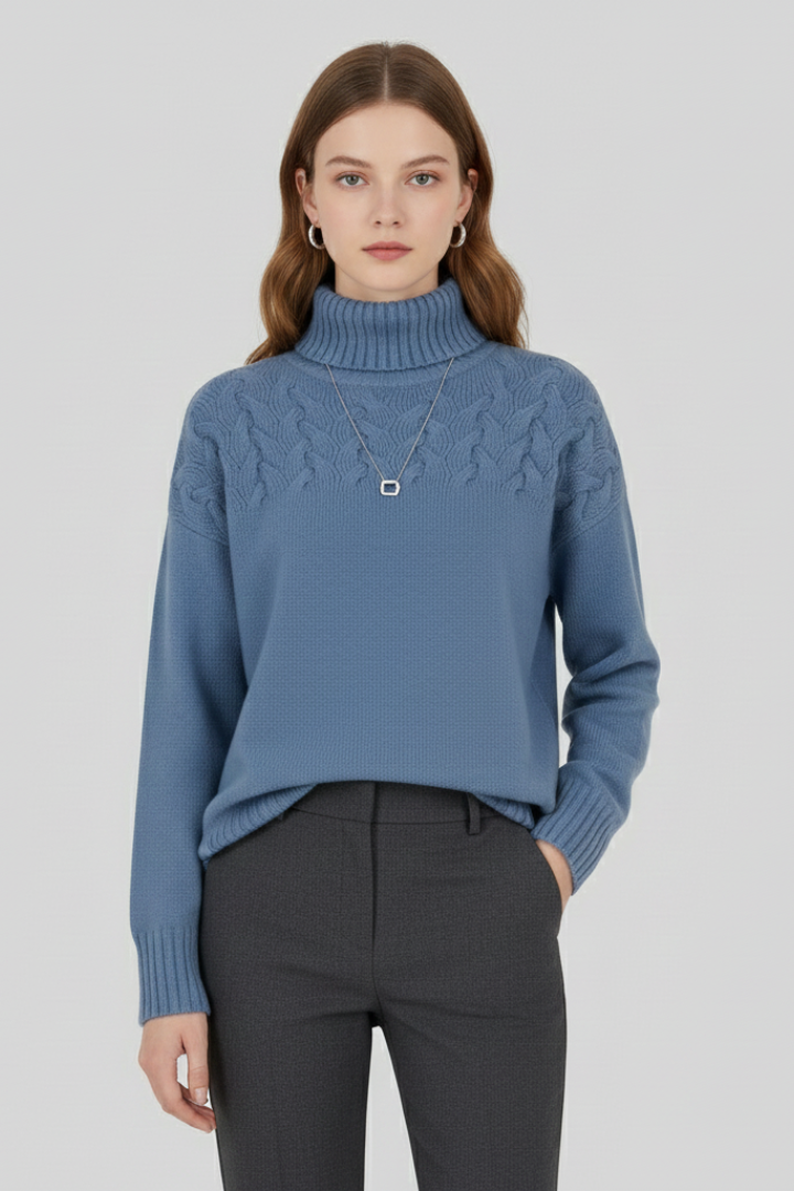 Women’s Sweater with Turtleneck and Textured Cable Pattern