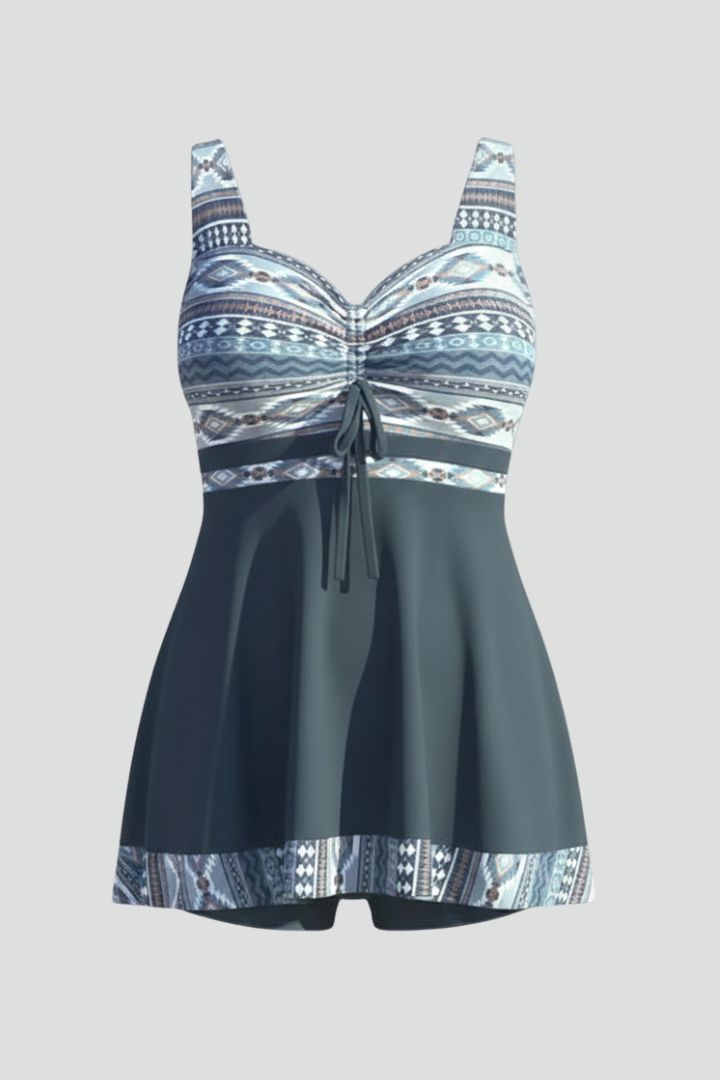 Women’s Swim Dress with Printed Upper and Tie Front