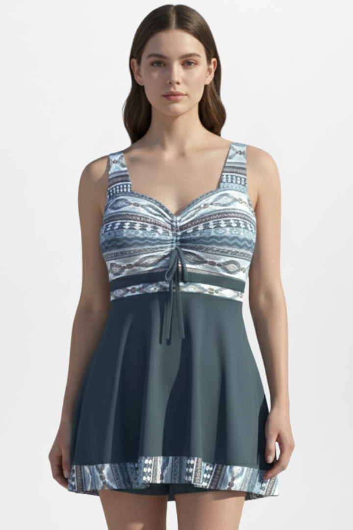 Women’s Swim Dress with Printed Upper and Tie Front