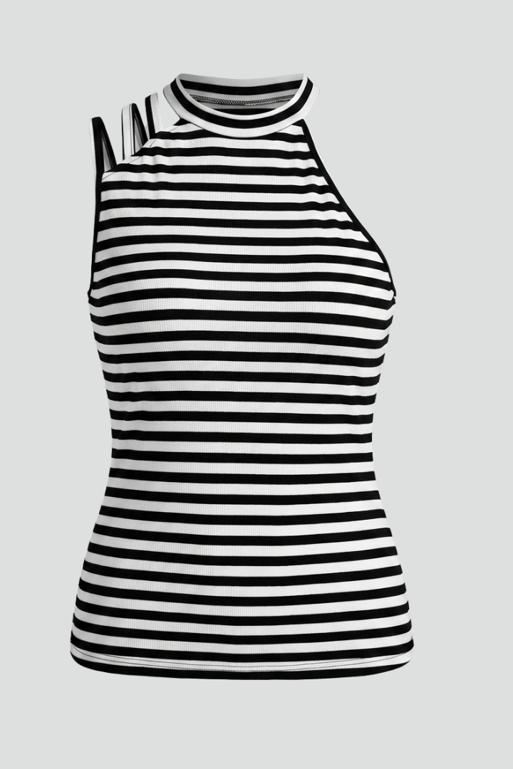 Women’s Tank Top with High Neck and Striped Surface