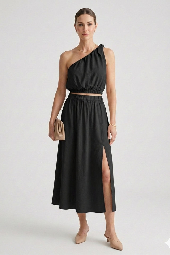 Women’s Top and Midi Skirt with One Shoulder and Elastic Waist