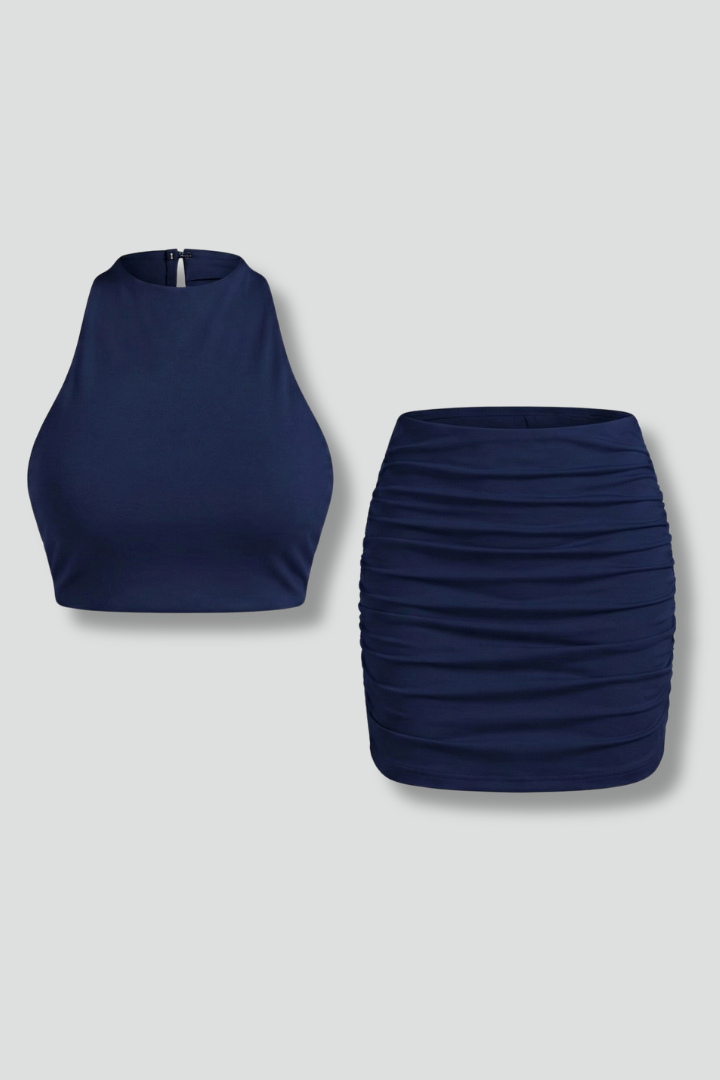 Women’s Top and Mini Skirt with High Neck and Fitted Waist